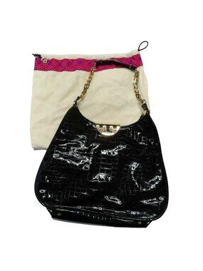 Tory Burch Black Embossed Croco Genuine Leather Gold Chain Shoulder Bag Purse